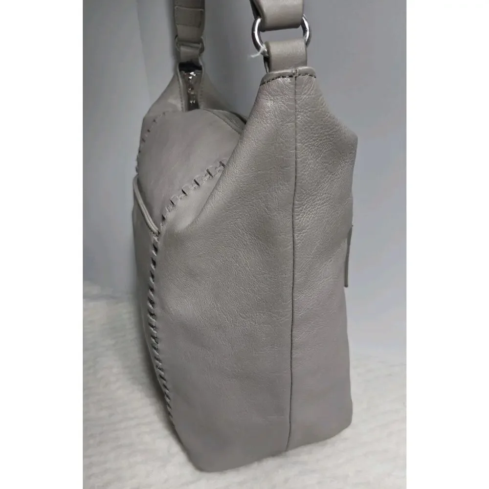 Tommy Bahama Gray Leather Hobo Shoulder Bag Whipstitch Zip Purse